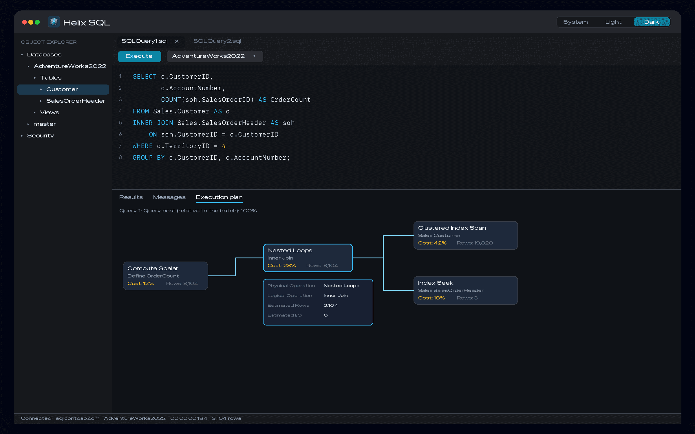 Helix SQL query window in dark mode, with a SQL editor and a visual execution plan